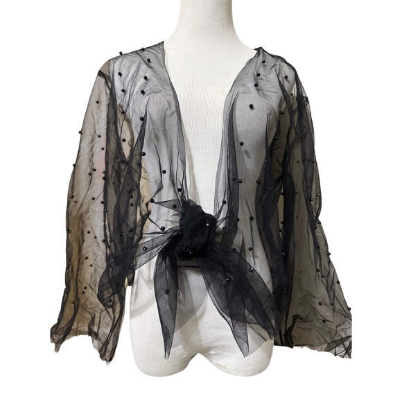The Unbranded Brand Sweaters - Sheer Black Mesh Beaded Kimono Cardigan Long Sleeve Tie Front OS Fairy Grunge